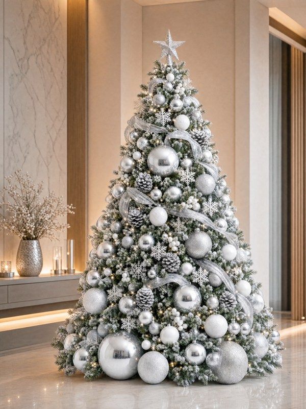 Christmas Tree Decorated Silver and White